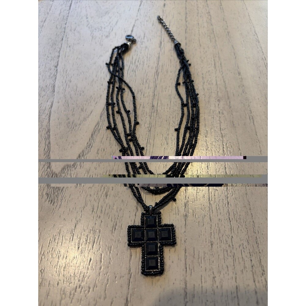 Black & Silver Cross Pendant On Multi-Strand Black Glass Bead Necklace 20”L